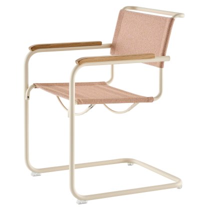 Chaise Cantilever S 33 / S 34 V Soft, Accoudoirs en chêne huilé, Blanc perle mat revêtu par poudre, Tissu cento lotus - rose, Patins en plastique transparent avec feutre