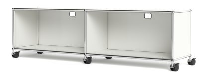 Meuble bas Lowboard TV/Hi-Fi USM Haller, personnalisable, Blanc pur RAL 9010, Avec 2 portes abattantes, Avec passe-câbles au centre haut