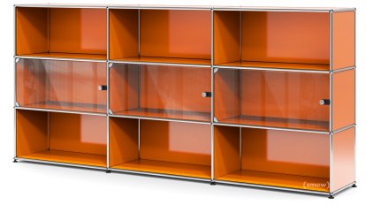 Meuble haut XL avec 3 portes vitrées USM Haller, Avec poignée avec serrure, Orange pur RAL 2004