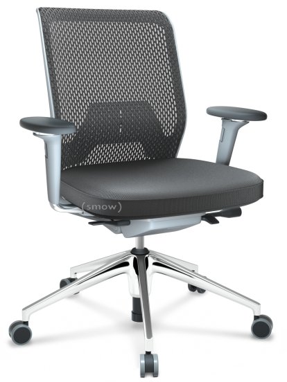 ID Mesh, Mécanisme Flowmotion avec inclinaison avant et réglage de la profondeur , Avec accotoirs 3D, Piétement à 5 branches, aluminium poli, Soft grey, Assise Skin, dossier Netline, Asphalte, Souples pour sols durs