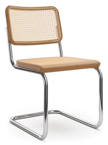 Chaise cantilever S 32 / S 32 N Bauhaus, Cannage (avec tissu de soutien sous l'assise), Hêtre teinté couleur cerisier, Sans patins