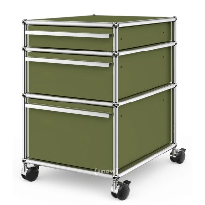 Caisson à roulettes USM Haller 3 tiroirs Type 2, Sans serrures, Vert olive RAL 6003