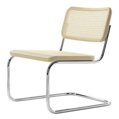 Chaise cantilever S 32 L, Cannage (avec tissu de soutien sous l'assise), Hêtre blanchi (TP 107), Chromé, Patins en plastique noir avec feutre
