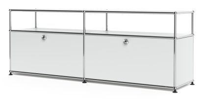 Meuble bas Lowboard L USM Haller avec rehausse, personnalisable, Argent mat USM, Avec 2 portes abattantes, Avec passe-câbles au centre bas