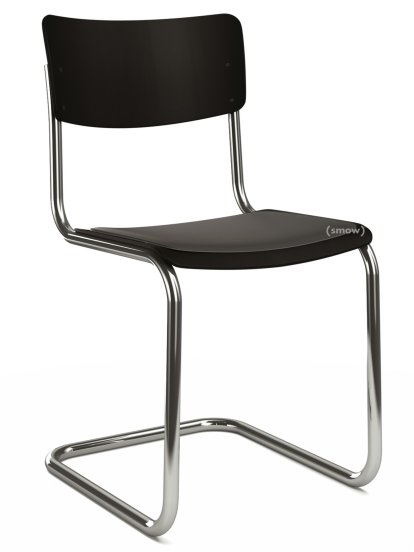Chaise cantilever S 43 classique, Piétement chromé, Hêtre laqué, Noir profond (RAL 9005) , Coussin d'assise avec rembourrage noir, Patins en plastique noir avec feutre