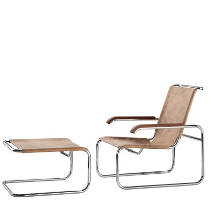Chaise lounge cantilever S 35 L Bauhaus, Cuir de buffle brun, Avec ottoman