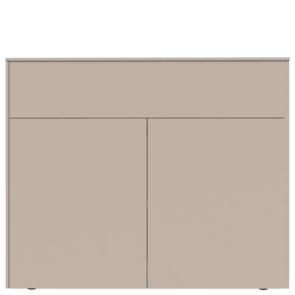 Buffet Aventa avec porte et tiroirs, 120 cm, 4 Grilles de hauteur, Mélamine gris cachemire, Patin en plastique