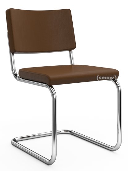 Chaise cantilever S 32 PV Pure Materials, Cuir Nappa marron moyen, Chromé, Patins en plastique noir avec feutre