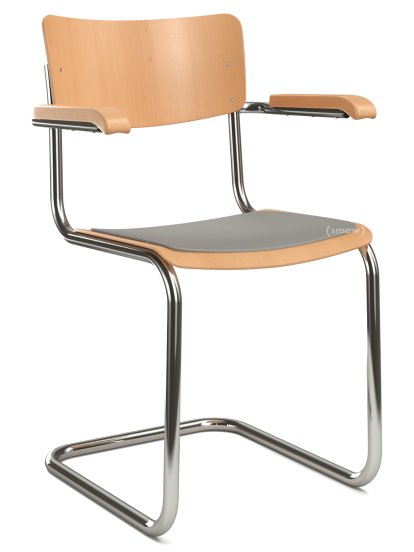 Chaise cantilever S 43 F classique avec accotoirs, Piétement chromé, Hêtre teinté, Hêtre, vernis transparent, Coussin d'assise sans rembourrage mélange gris clair, Sans patins