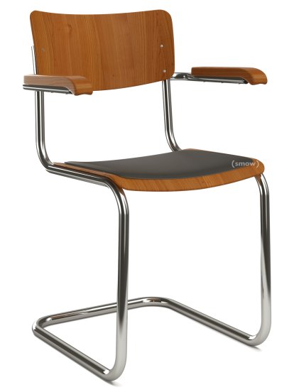 Chaise cantilever S 43 F classique avec accotoirs, Piétement chromé, Hêtre teinté, Cerisier, Coussin d'assise avec rembourrage noir, Patins en plastique noir avec feutre