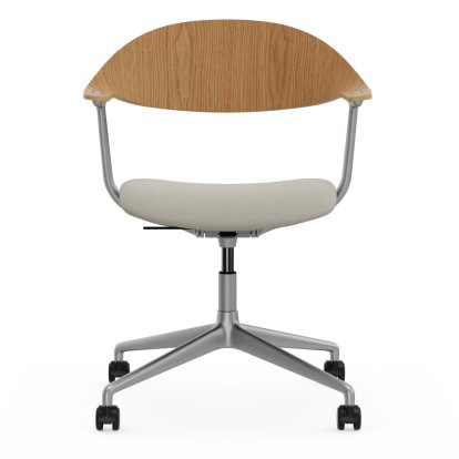Chaise de bureau Mynt pied quatre branches, Chêne naturel, vernis de protection, Avec coussin d'assise, Plano parchemin/blanc crème, Aluminium sablé, Durs pour tapis