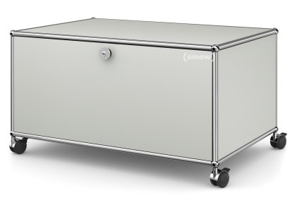 Meuble bas Lowboard TV sur roulettes USM Haller, Avec porte abattante et paroi arrière, Gris clair RAL 7035