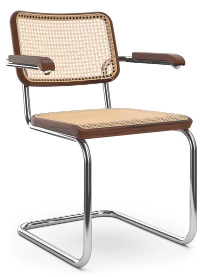 Chaise cantilever S 64 / S 64 N, Cannage (avec tissu de soutien sous l'assise), Hêtre teinté  marron foncé, Patins en plastique noir avec feutre