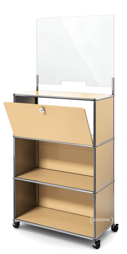 Comptoir USM Haller M avec écran de sécurité et passe-documents, Beige USM, Avec roulettes